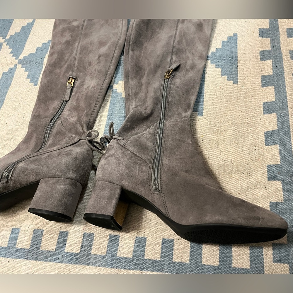 Tory Burch Laila Suede Over the Knee Grey Boots Block Heel Bow Gold Tall Leather - Picture 7 of 16